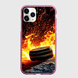 Чехол iPhone 11 Pro матовый Шайба в огне, цвет: 3D-малиновый