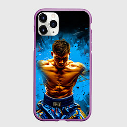 Чехол iPhone 11 Pro матовый Тайский боксер на синем, цвет: 3D-фиолетовый