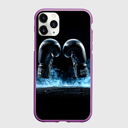 Чехол iPhone 11 Pro матовый Черные бойцовские перчатки в дыму, цвет: 3D-фиолетовый
