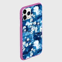 Чехол iPhone 11 Pro матовый Цветы белой сакуры - паттерн на синем фоне, цвет: 3D-фиолетовый — фото 2