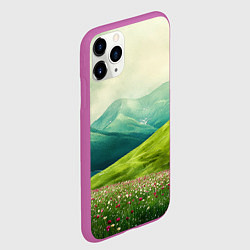 Чехол iPhone 11 Pro матовый Горы и поле с цветами - зеленый пейзаж, цвет: 3D-фиолетовый — фото 2