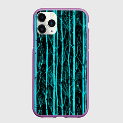 Чехол iPhone 11 Pro матовый Бирюзовые полоски-деревья на темном фоне - паттерн, цвет: 3D-фиолетовый