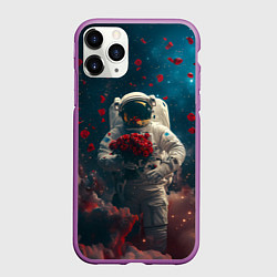Чехол iPhone 11 Pro матовый Космонавт с букетом роз