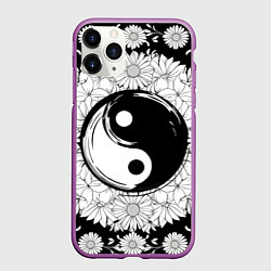 Чехол iPhone 11 Pro матовый Инь янь цветы с котами, цвет: 3D-фиолетовый