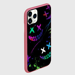 Чехол iPhone 11 Pro матовый Неновые краски - лица крипи смайл, цвет: 3D-малиновый — фото 2