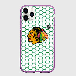 Чехол iPhone 11 Pro матовый Чикаго Блэкхокс - белые соты с зеленой обводкой, цвет: 3D-фиолетовый
