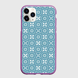 Чехол iPhone 11 Pro матовый Бело - голубой ажурный кружевной узор ретро, цвет: 3D-фиолетовый