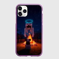 Чехол iPhone 11 Pro матовый Собака и летающий монстр перед костром, цвет: 3D-фиолетовый