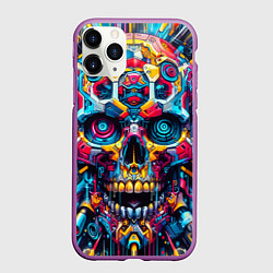 Чехол iPhone 11 Pro матовый Кибер череп - нейроарт паттерн, цвет: 3D-фиолетовый
