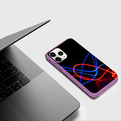 Чехол iPhone 11 Pro матовый Красно синие неоновые линии на черном фоне, цвет: 3D-фиолетовый — фото 2