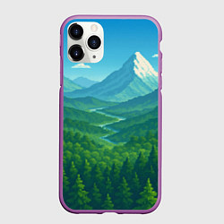 Чехол iPhone 11 Pro матовый Горный пейзаж - пиксель арт, цвет: 3D-фиолетовый