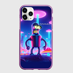 Чехол iPhone 11 Pro матовый Робот-сгибальщик Бендер в неоновом грибном мегапол, цвет: 3D-фиолетовый