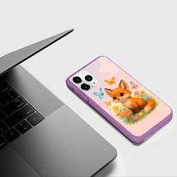 Чехол iPhone 11 Pro матовый Лисичка с бабочками и цветочками, цвет: 3D-фиолетовый — фото 2