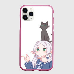 Чехол iPhone 11 Pro матовый Фрирен и котик, цвет: 3D-малиновый
