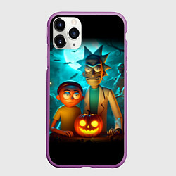 Чехол iPhone 11 Pro матовый Morty and Rick with pumpkin - neon halloween