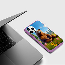 Чехол iPhone 11 Pro матовый Русский мишка сидит на траве, цвет: 3D-фиолетовый — фото 2