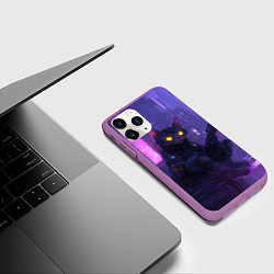 Чехол iPhone 11 Pro матовый Кот в стиле киберпанк сидит на крыше, цвет: 3D-фиолетовый — фото 2