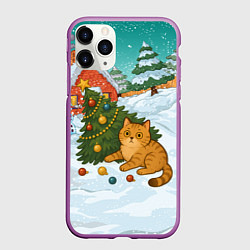 Чехол iPhone 11 Pro матовый Толстый кот уронил елку