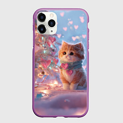 Чехол iPhone 11 Pro матовый Маленький котенок у сияющей елочки, цвет: 3D-фиолетовый