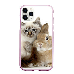 Чехол iPhone 11 Pro матовый Кот и кролик пушистые, цвет: 3D-розовый