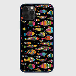 Чехол iPhone 12 Pro Max Разноцветные рыбы - черный фон