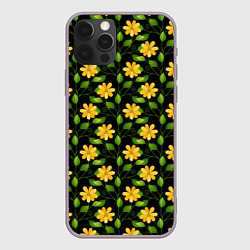 Чехол для iPhone 12 Pro Max Желтые цветочки паттерн, цвет: 3D-серый