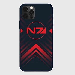 Чехол iPhone 12 Pro Max Красный Символ Mass Effect на темном фоне со стрел