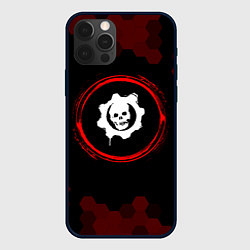 Чехол iPhone 12 Pro Max Символ Gears of War и краска вокруг на темном фоне