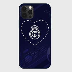 Чехол iPhone 12 Pro Max Лого Real Madrid в сердечке на фоне мячей