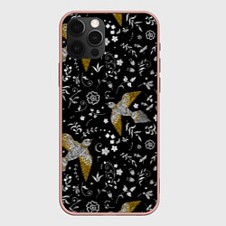 Чехол iPhone 12 Pro Max Птицы и цветы с эффектом вышивки