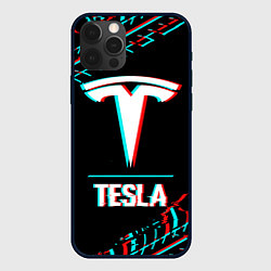 Чехол iPhone 12 Pro Max Значок Tesla в стиле Glitch на темном фоне