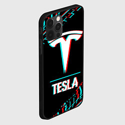 Чехол для iPhone 12 Pro Max Значок Tesla в стиле Glitch на темном фоне, цвет: 3D-черный — фото 2