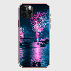 Чехол для iPhone 12 Pro Max Неоновый салют над рекой ночью - Синий, цвет: 3D-светло-розовый