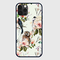 Чехол для iPhone 12 Pro Max Цветы Нарисованные Магнолии и Птицы, цвет: 3D-черный