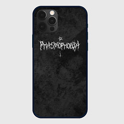 Чехол iPhone 12 Pro Max Phasmophobia пентаграмма и крест на сером фоне