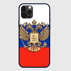 Чехол iPhone 12 Pro Max Герб России на фоне флага