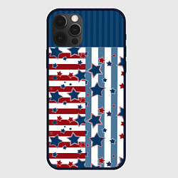 Чехол iPhone 12 Pro Max Blue stars on a striped pattern