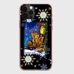 Чехол для iPhone 12 Pro Max Новый год белка смотрит на часы, цвет: 3D-светло-розовый