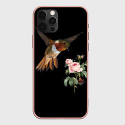 Чехол для iPhone 12 Pro Max Птицы колибри розы на черном фоне, цвет: 3D-светло-розовый