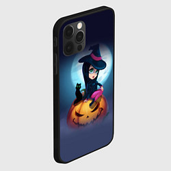 Чехол для iPhone 12 Pro Max Маленькая прикольная ведьмочка с милым котёнком, цвет: 3D-черный — фото 2