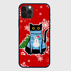 Чехол для iPhone 12 Pro Max Котик в свитере с ёлочкой, цвет: 3D-черный