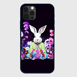 Чехол iPhone 12 Pro Max Кролик в цветах на черном фоне