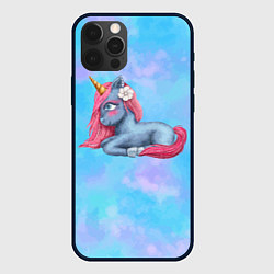 Чехол для iPhone 12 Pro Max Синий единорог с розовой гривой, цвет: 3D-черный
