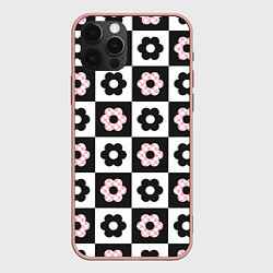 Чехол для iPhone 12 Pro Max Black flower checkers, цвет: 3D-светло-розовый