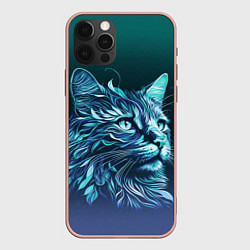Чехол для iPhone 12 Pro Max Неоновый кот: фиолетовые и бирюзовые линии, цвет: 3D-светло-розовый
