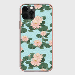 Чехол для iPhone 12 Pro Max Водяные лилии на бирюзовом фоне, цвет: 3D-светло-розовый