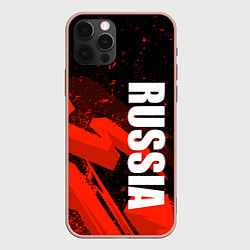 Чехол для iPhone 12 Pro Max Russia - белая надпись на красных брызгах, цвет: 3D-светло-розовый