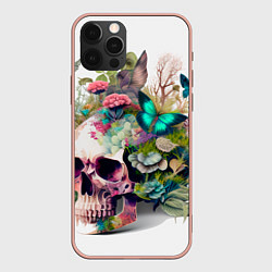 Чехол для iPhone 12 Pro Max Красивый череп с листьями и бабочками, цвет: 3D-светло-розовый