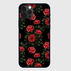 Чехол iPhone 12 Pro Max Красные розы на черном - паттерн