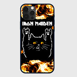 Чехол для iPhone 12 Pro Max Iron Maiden рок кот и огонь, цвет: 3D-черный